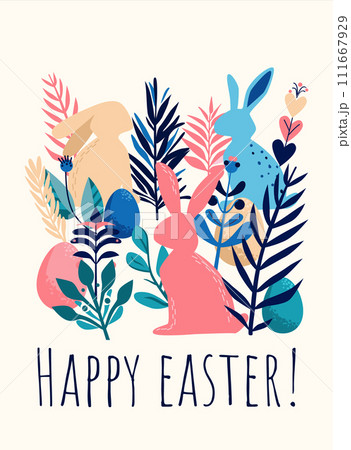 Easter card with a bunny and eggs. Vector minimalistic illustration for children, square card on a blue background. Easter card with a bunny and eggs. Vector minimalistic illustration for children, square card on a blue background. 111667929