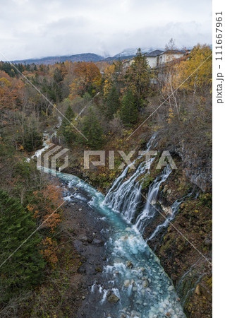 日本　北海道上川郡美瑛町白金にあるブルーリバー橋から見える白ひげの滝と紅葉 111667961