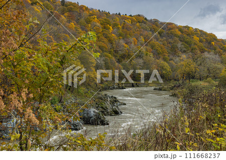 日本 北海道旭川市にある神居古潭の紅葉と石狩川 日本 北海道旭川市にある神居古潭の紅葉と石狩川 111668237
