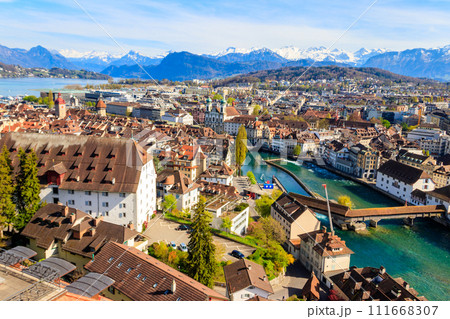 View of the Reuss river and old town of Lucerne (Luzern) city, Switzerland. View from above 111668307