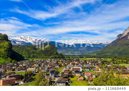 View of Balzers town and Alps in Liechtenstein 111668449