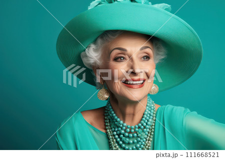 AI-generated content. Joyful Elderly Lady with Wisdom and Charm, Posing for a Closeup Portrait on White Background AI-generated content. Joyful Elderly Lady with Wisdom and Charm, Posing for a Closeup Portrait on White Background 111668521