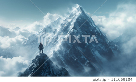 吹雪の中登山する人 111669104