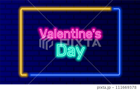 Neon sign valentine day in speech bubble frame on brick wall background vector. Light banner on wall background. Valentine day button lovers holiday, design template, neon signboard Neon sign valentine day in speech bubble frame on brick wall background vector. Light banner on wall background. Valentine day button lovers holiday, design template, neon signboard 111669378