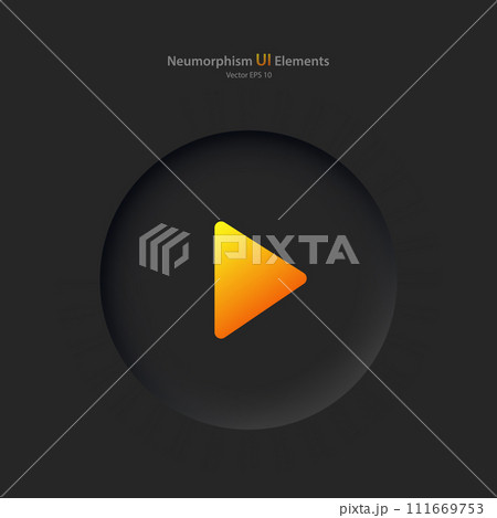 Round play button on a black background. User interface elements in the style of neumorphism, UX, UI. 111669753