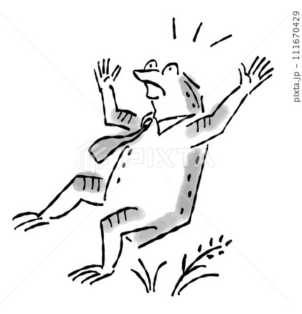 日本画（水墨画）タッチのカエルの擬人化したイラスト-驚く 111670429