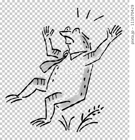日本画（水墨画）タッチのカエルの擬人化したイラスト-驚く 111670429