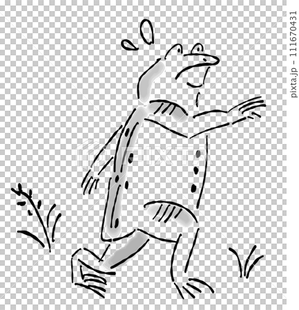 日本画（水墨画）タッチのカエルの擬人化したイラスト-走るのイラスト素材 [111670431] - PIXTA