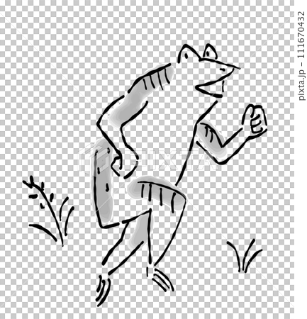An anthropomorphic illustration of a frog with a Japanese painting (ink painting) touch - running 111670432
