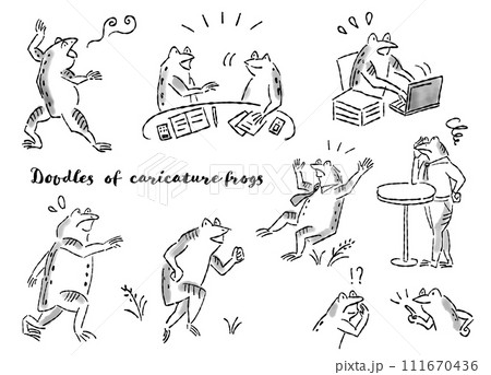 日本画（水墨画）タッチのカエルの擬人化したイラストセット 111670436