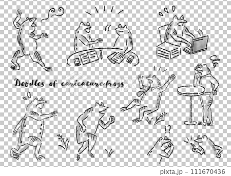 日本画（水墨画）タッチのカエルの擬人化したイラストセット 111670436