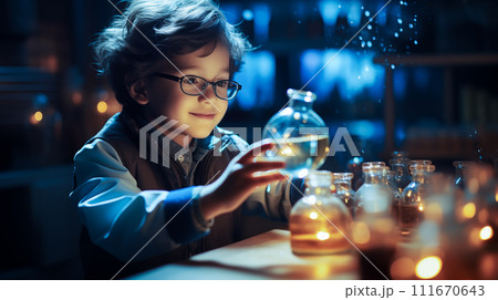Young scientist boy exploring the wonders of chemistry with test tubes. The concept emphasises the joy of learning, scientific discovery, and hand on experimentation. Generative AI. 111670643