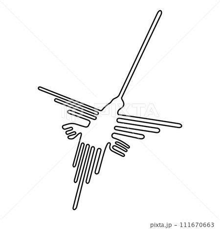 Hummingbird motif, Nazca Lines in the desert of southern Peru. Bird symbol made of a single continuous line.  Geoglyph that can only be seen from air or high places. Created between 500 BC and 500 AD. 111670663