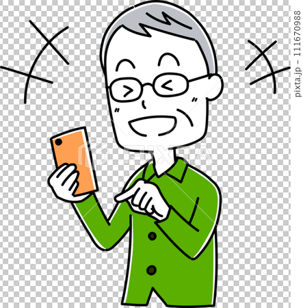 Pose 6 of an elderly man holding a smartphone 111670988