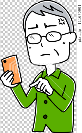 Pose 4 of an elderly man holding a smartphone 111670991