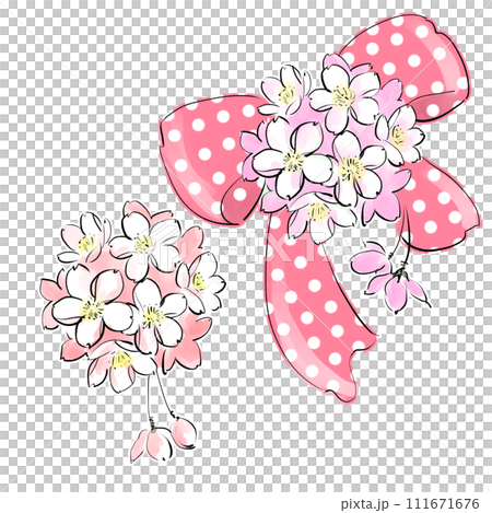 Illustration of cherry blossom corsage with polka dot ribbon 111671676