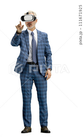 Man, full-length, on a white background, wearing VR glasses Man, full-length, on a white background, wearing VR glasses 111671925
