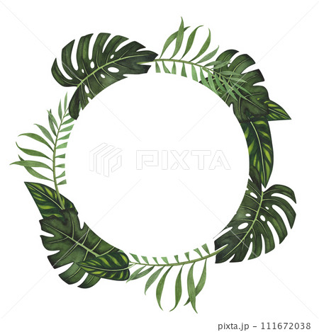 Wreath frame tropic leaf Monstera and palm watercolor isolated on white background. Watercolor hand drawn botanical illustration. Art design for packaging, template, poster 111672038