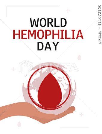 World Hemophilia Day. April 17. Haemophilia awareness day background. Blood drop with earth in human hand. Vertical banner, card, poster, flyer, presentation. World Hemophilia Day. April 17. Haemophilia awareness day background. Blood drop with earth in human hand. Vertical banner, card, poster, flyer, presentation. 111672150