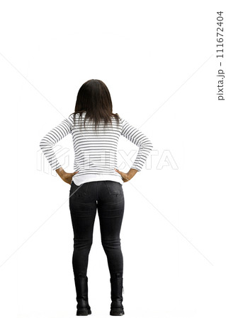 Woman, full-length, on a white background, hands on hips Woman, full-length, on a white background, hands on hips 111672404