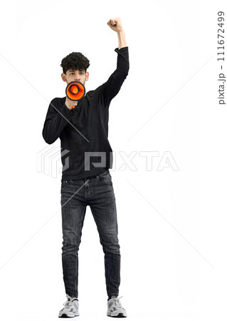A man, on a white background, in full height, with a megaphone 111672499