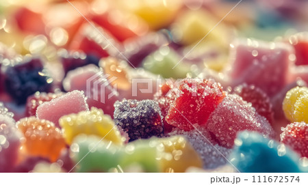 A vibrant close-up shot capturing the sparkling sugar crystals on a variety of colorful gummy candies. 111672574