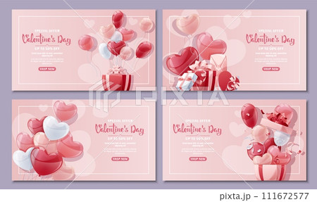 Set of banners for Valentine's Day. Background with balloons and gift box. Flyer, discount, advertising. The poster is ideal for holiday advertising. Set of banners for Valentine's Day. Background with balloons and gift box. Flyer, discount, advertising. The poster is ideal for holiday advertising. 111672577