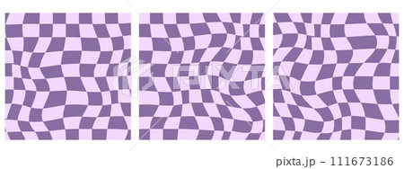 Set of Square Groovy Hippie Vibes 70s Checkerboard, Chessboard, Mesh, and Waves Patterns. Twisted and Distorted Vector Textures, Trendy Retro Psychedelic Style. Perfect for Y2K Aesthetic. Violet 111673186