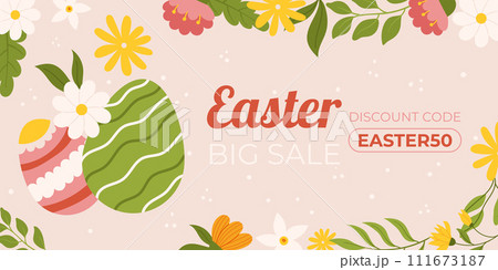 Easter sale horizontal background template for promotion. Design with painted eggs, floral elements. Hand drawn flat vector illustration. 111673187