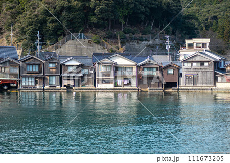 Funaya house with boat and sea of Ine bay at Ine Kyoto Japan 111673205