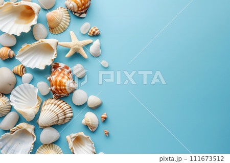AI-generated content. Seashells, pebbles, mockup on blue background. Blank, top view, still life, flat lay. Sea vacation travel concept tourism and resorts. Summer holidays. 111673512