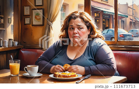 レストランで食事する肥満体型の外国人女性 111673713