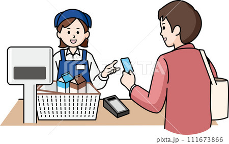 キャッシュレス決済をする男性と女性店員 111673866