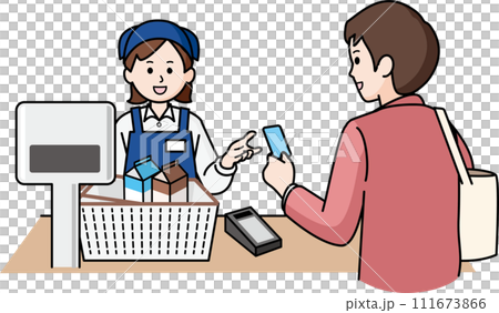 キャッシュレス決済をする男性と女性店員 111673866