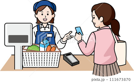 キャッシュレス決済をする女性と女性店員 キャッシュレス決済をする女性と女性店員 111673870