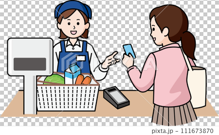 A woman and a female clerk making cashless payments 111673870