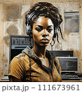 African american woman with headphones on grunge background 111673961