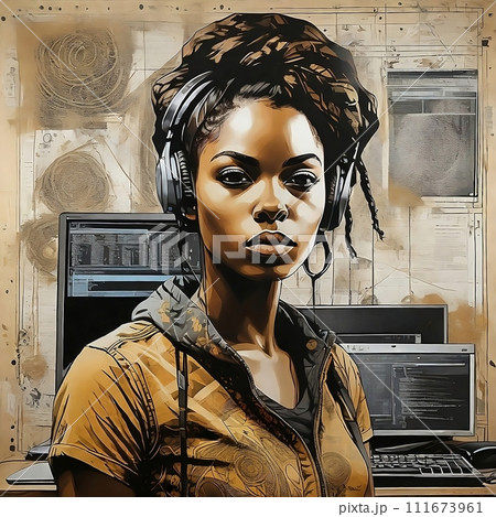 African american woman with headphones on grunge background 111673961