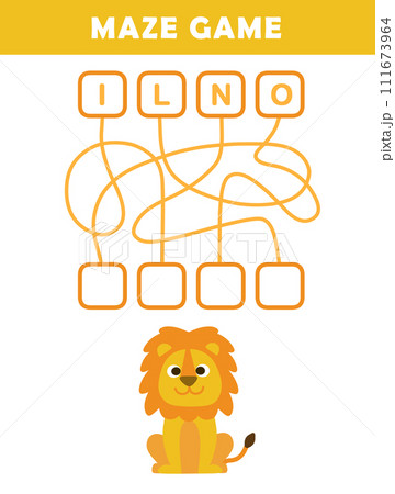 かわいいイラスト付きライオンの英単語パズル迷路ゲーム 111673964
