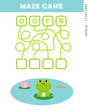 かわいいイラスト付きカエルの英単語パズル迷路ゲーム 111673965
