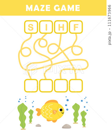 かわいいイラスト付き魚の英単語パズル迷路ゲーム 111673966