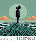 Silhouette of a lonely human in the middle of the desert 111674012