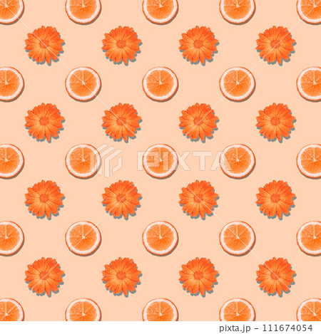 Flat lay composition with citrus fruits and flowers isolated on pink background, seamless pattern. Flat lay composition with citrus fruits and flowers isolated on pink background, seamless pattern. 111674054