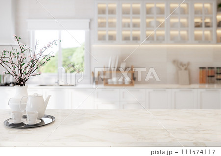Close up view of modern vintage style empty white marble top table for copy space with blurry kitchen background 3d render 111674117