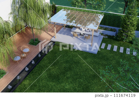 Top view of modern contemporary style green garden with wooden terrace and glass roof pavilion 3d render 111674119