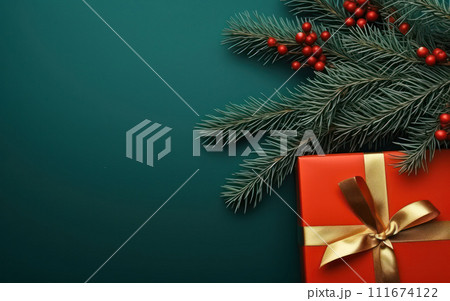 AI-generated content. Merry Christmas: Festive Present with Red Bow and Decorative Ornaments, a Winter Holiday Greeting Card on a White Background with a Frame of Fir Tree Branches and Gold Balls 111674122