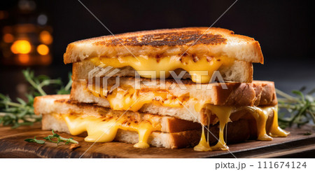 AI-generated content. Crispy Grilled Cheese Sandwich on Rustic Toasted Bread: A Delicious Melting Cheddar Delight 111674124