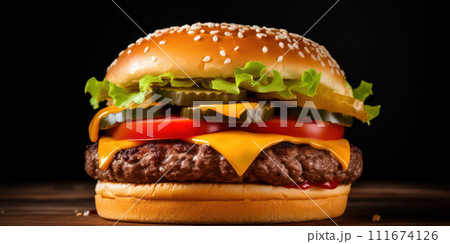 AI-generated content. Tasty, Juicy Burger on a Wooden Table with a Fresh Green Salad, Exciting Topping and Grilled Meat - Closeup, Delicious Fast Food Background 111674126