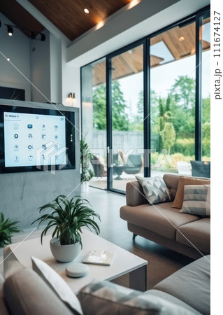 AI-generated content. Modern Home: A Tech-Savvy Living Room with Smart Furniture and Innovative Entertainment Control 111674127