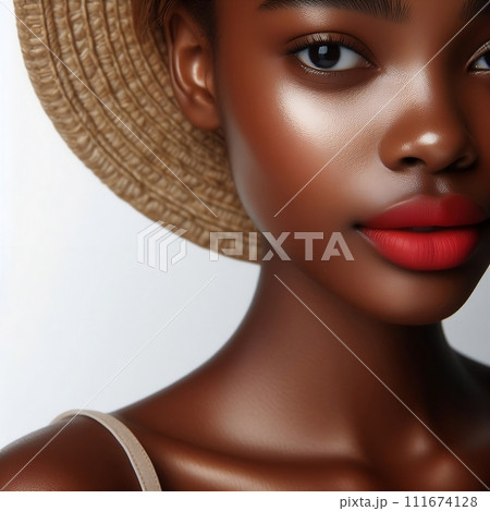 beautiful african woman with red lips and hat 111674128